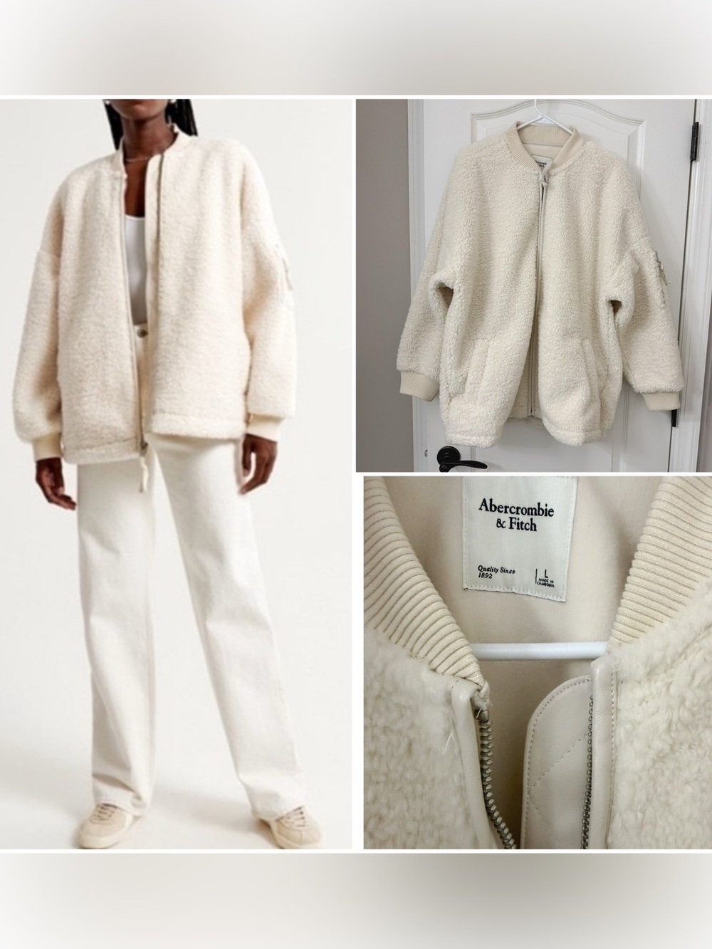 Abercrombie & Fitch Cream Sherpa Bomber oversized Jacket